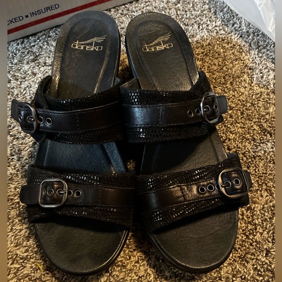 Dansko Sophie Black Chunky Slide Sandal Womens 39 8.5-9 Retro Glam Buckle Heel - Picture 1 of 6